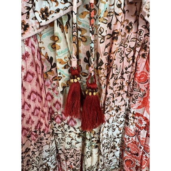 ZARA boho frill tasseled pink beige floral relaxed viscose tunic dress M NWOT - Picture 4 of 9